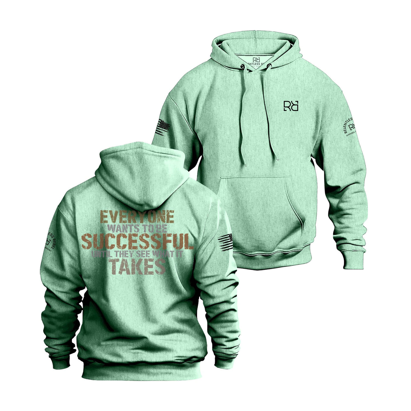 Mint hoodie with text on front and back on a white background