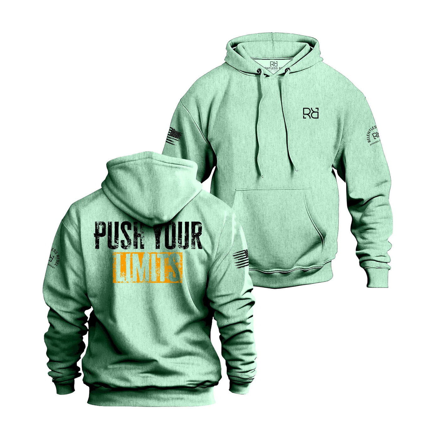 Mint hoodie with front and back text on a white background