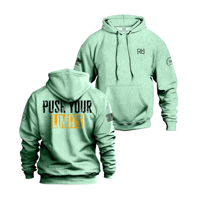 Mint hoodie with front and back text on a white background