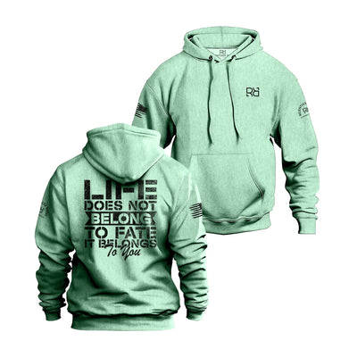 Mint hoodie with text on front and back on a white background
