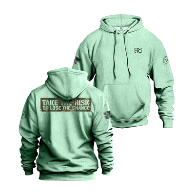 Mint hoodie with front and back text on a white background