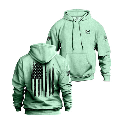 Mint hoodie with American flag design on front and logo on sleeve, on a white background