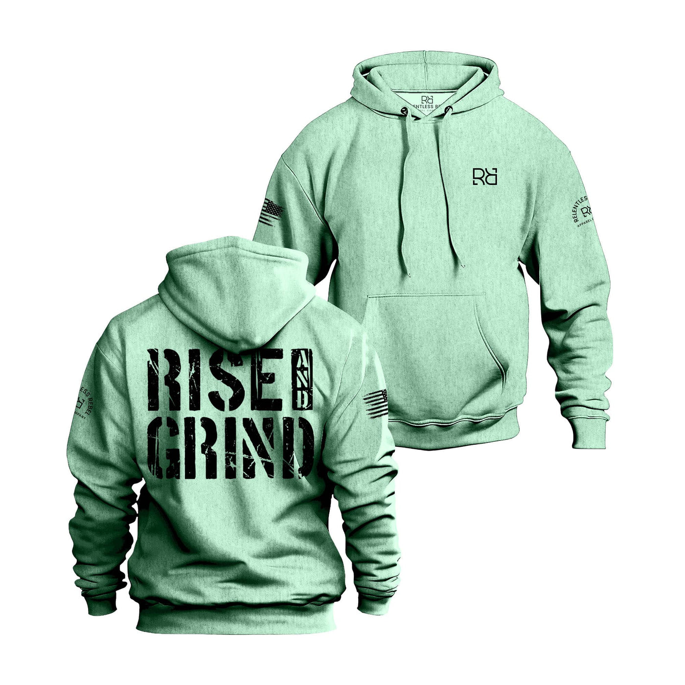 Mint hoodie with 'RISE & GRIND' text on front and back, on a white background