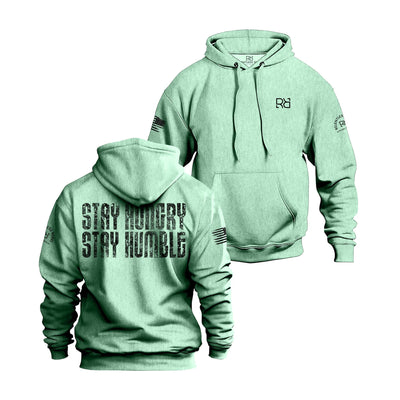 Mint hoodie with 'Stay Hungry Stay Humble' text on the back, displayed from front and back views.