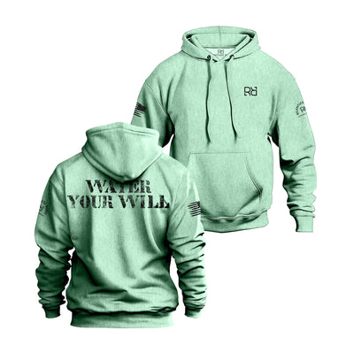 Mint hoodie with front and back text on a white background