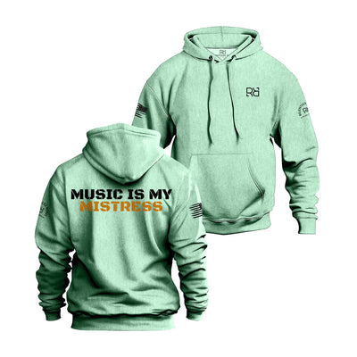 Mint hoodie with 'Music is my Mistress' text on the back, displayed front and back.