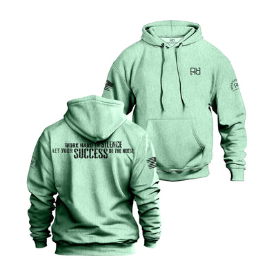 Mint hoodie with text and logos on front and back on a white background