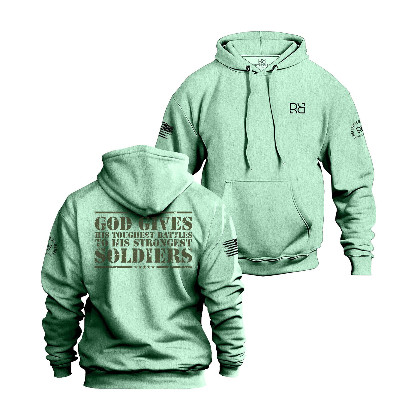 Mint hoodie with text and logos on front and back on a white background