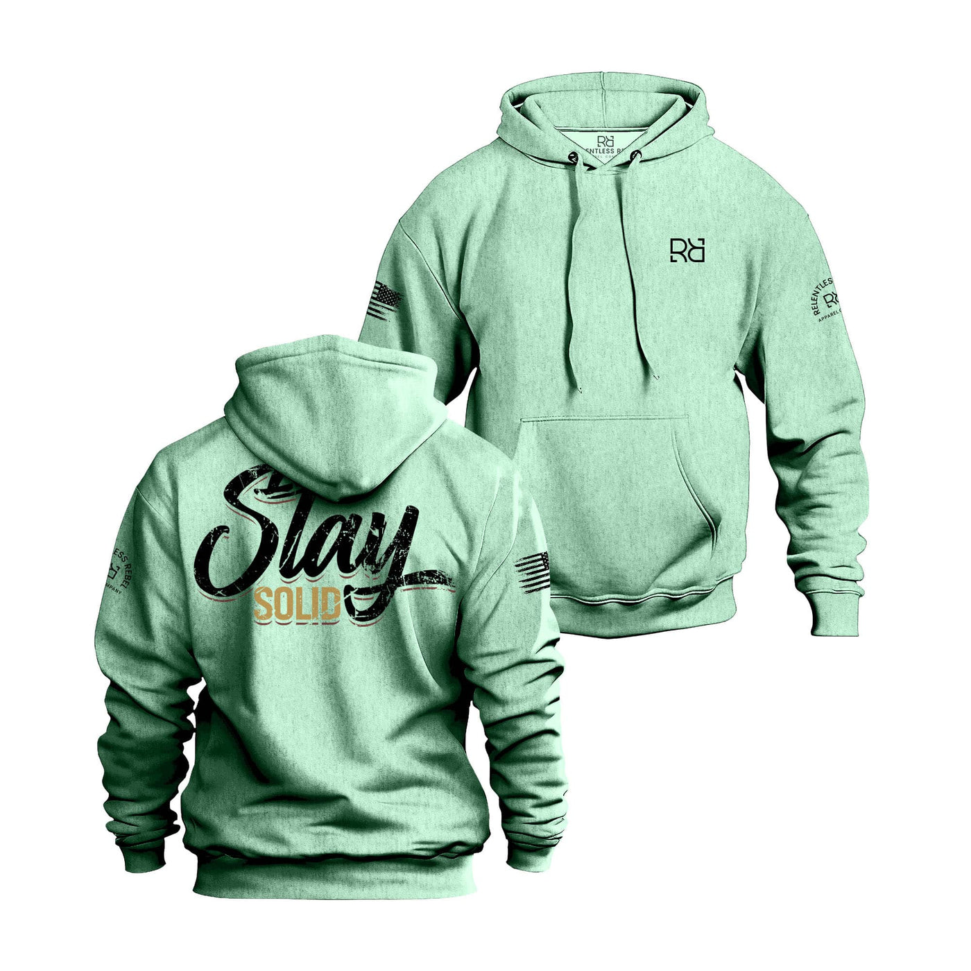 Mint hoodie with Stay Solid on the back