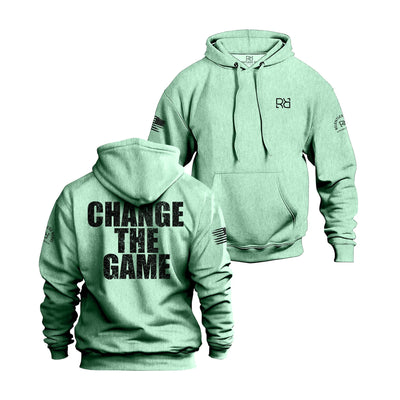 Mint hoodie with 'Change The Game' text on the back, displayed from front and back views.