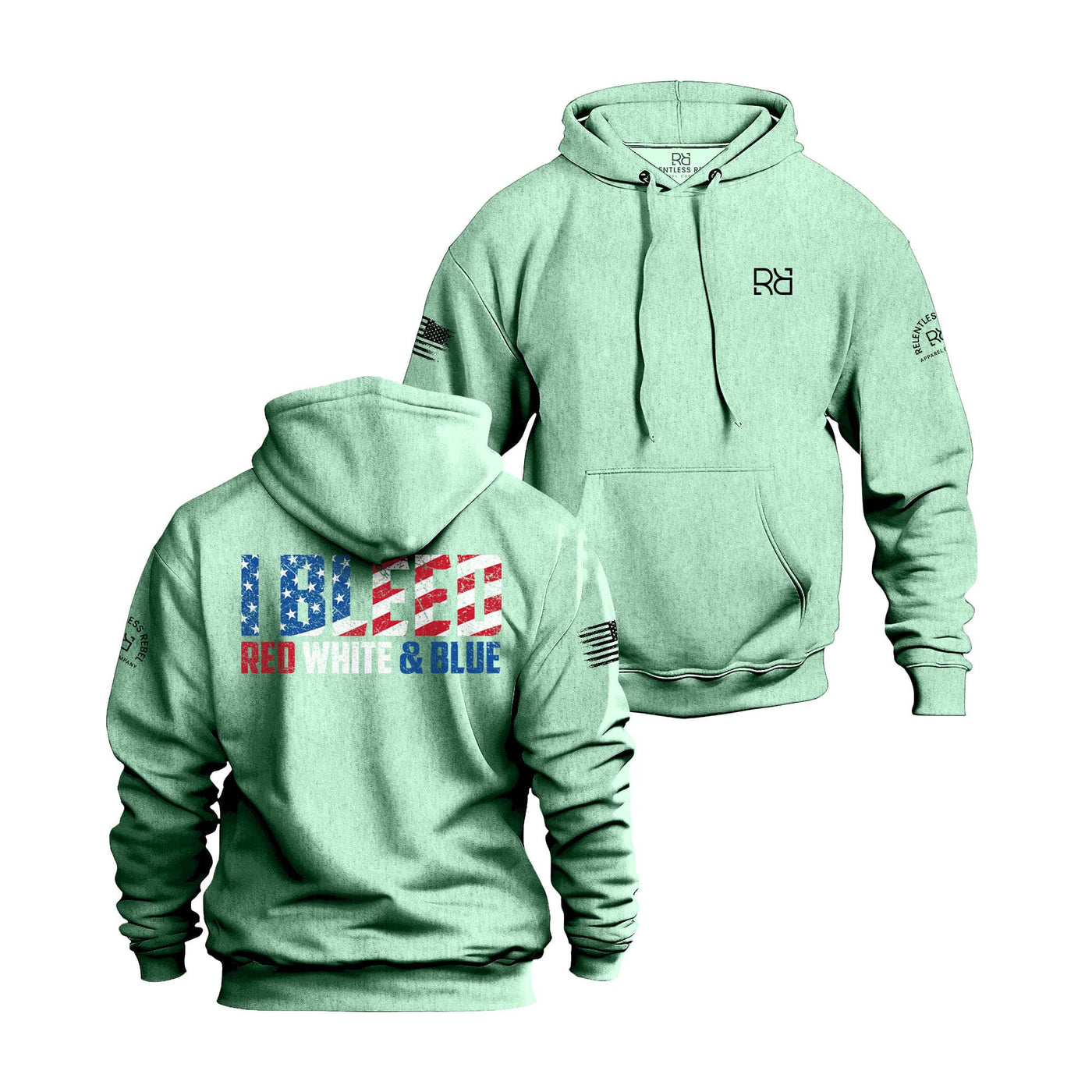 Mint hoodie with American flag design on the back, on a white background