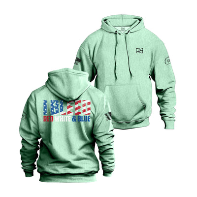 Mint hoodie with American flag design on the back, on a white background