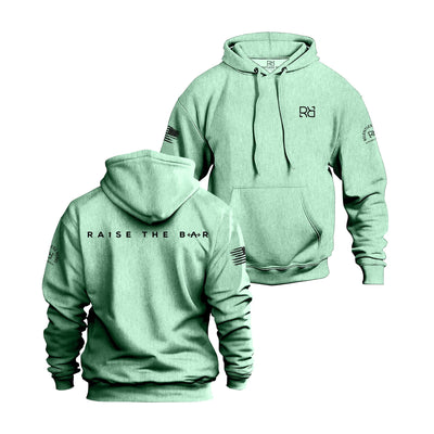 Mint hoodie with 'Raise the Bar' logo on front and back, on a white background