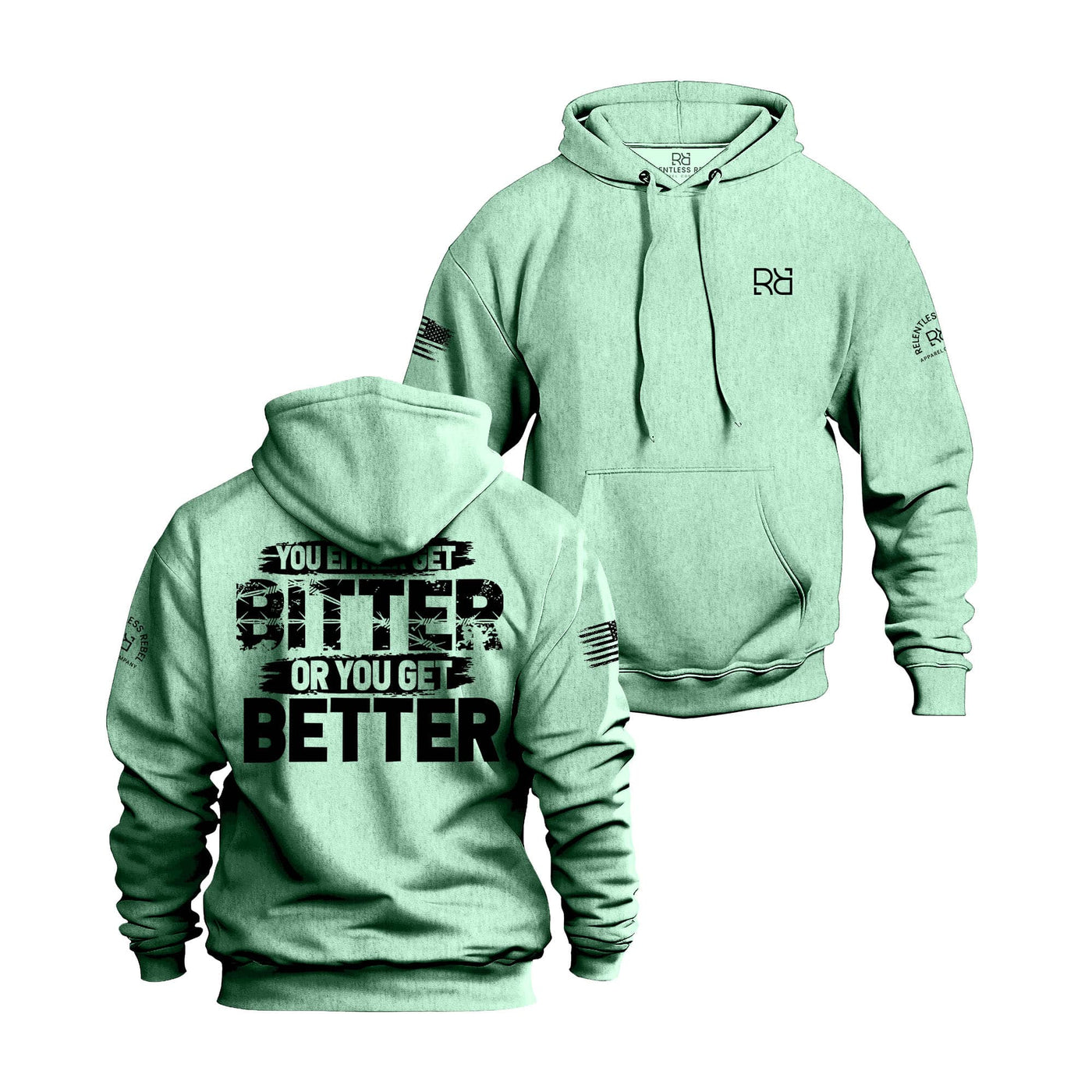 Mint hoodie with text and logos on a white background