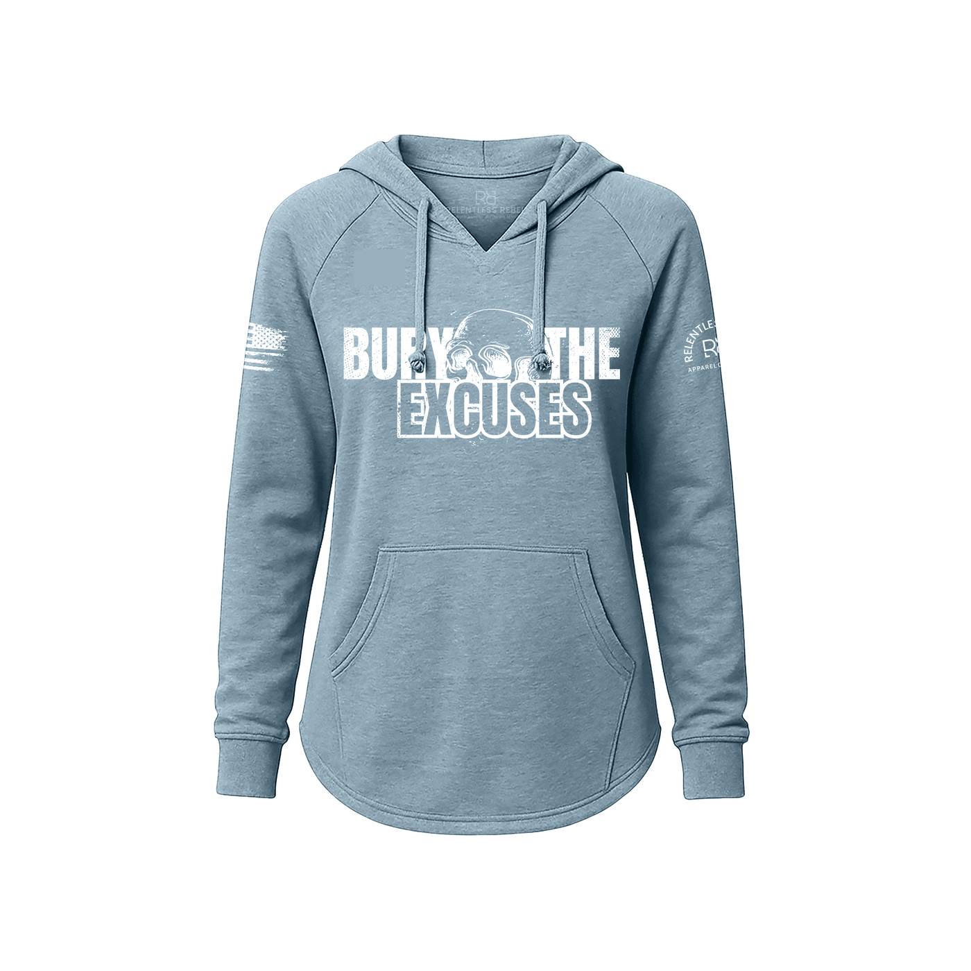 Blue hoodie with text 'Burn The Excuses' on a white background