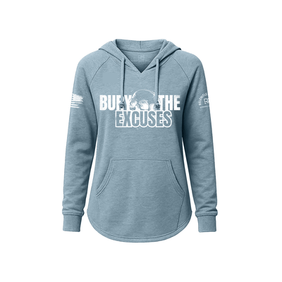 Blue hoodie with text 'Burn The Excuses' on a white background