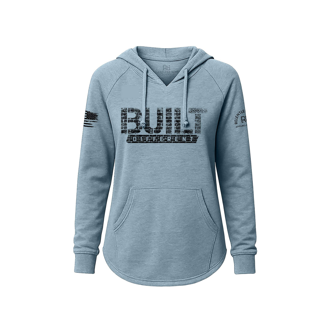 Misty Blue Women's Wave Hoodie with Built Different on the front