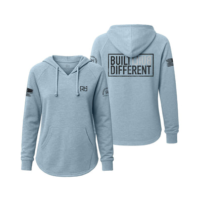 Misty Blue Women's Wave Hoodie with the Built Different on the back