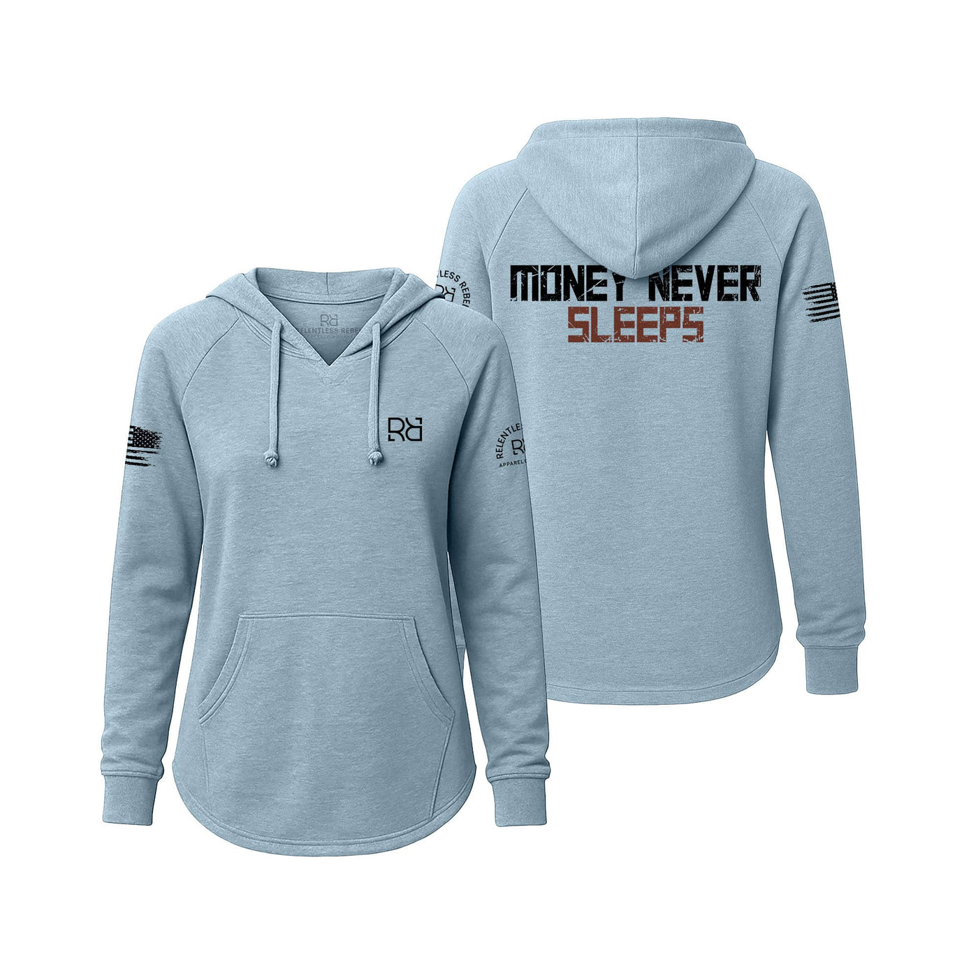 Misty Blue Women's Wave Hoodie with the Money Never Sleeps on the back