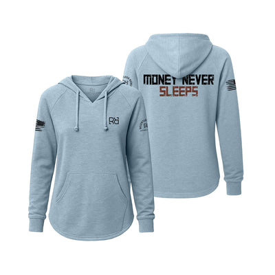 Misty Blue Women's Wave Hoodie with the Money Never Sleeps on the back