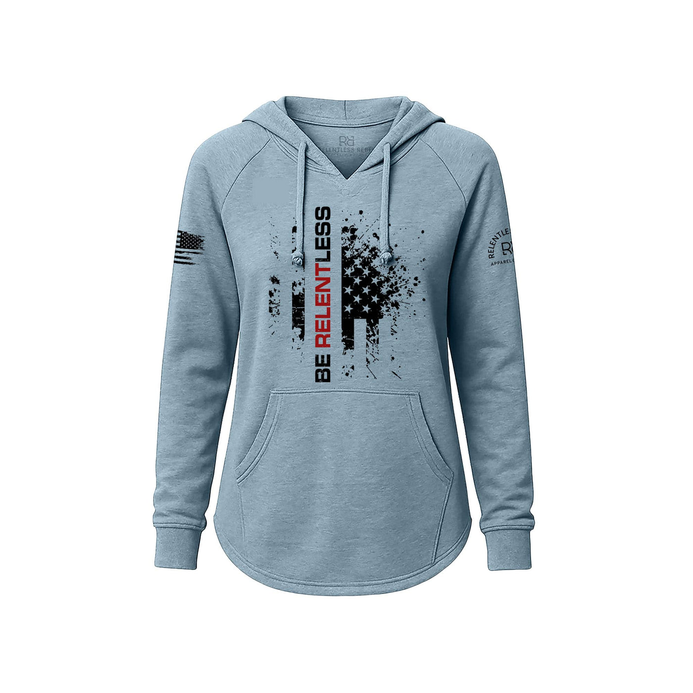 Misty Blue Women's Wave Hoodie with the Be Relentless on the front