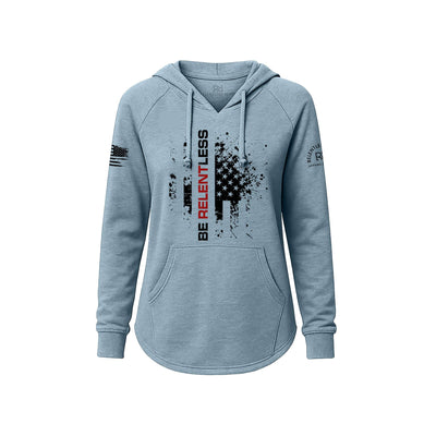 Misty Blue Women's Wave Hoodie with the Be Relentless on the front
