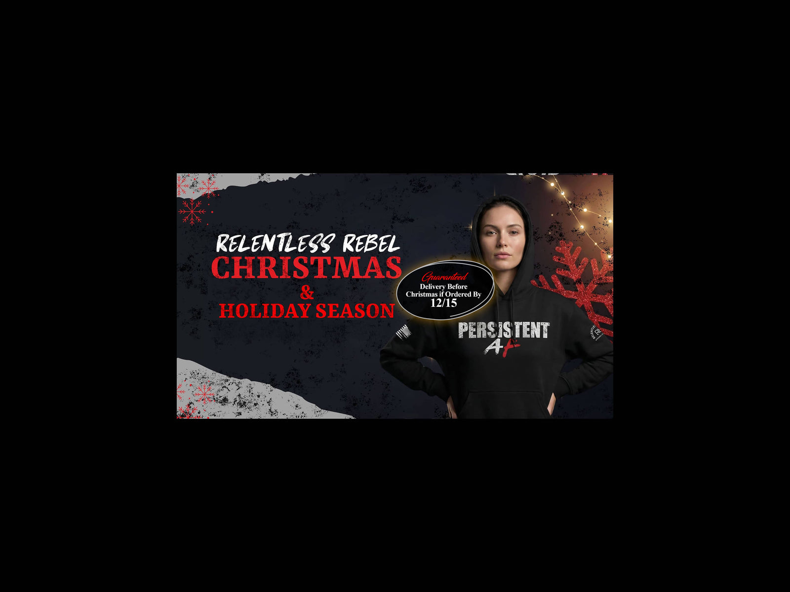 Promotional image for 'Relentless Rebel Christmas & Holiday Season' with a person wearing a hoodie.
