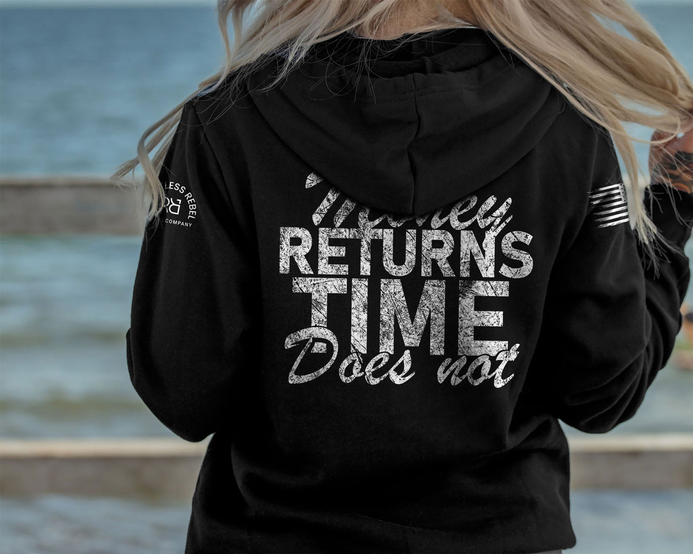 Woman wearing Solid Black Women's Money Returns Time Does Not Back Design Hoodie