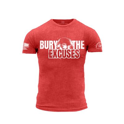 Red t-shirt with 'Bury The Excuses' text and skull graphic on a white background