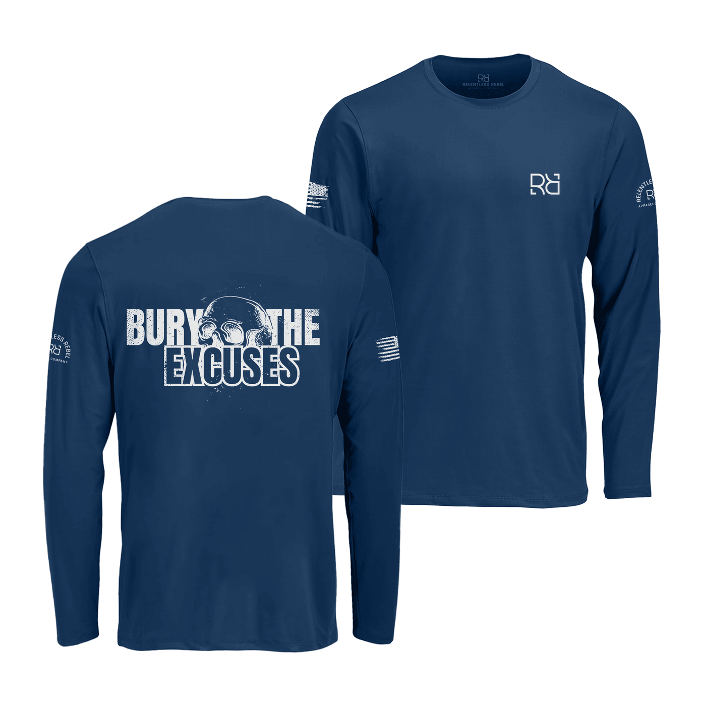 Navy blue long-sleeve shirt with 'Bury the Excuses' text on the back, displayed from front and back views.