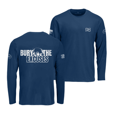 Navy blue long-sleeve shirt with 'Bury the Excuses' text on the back, displayed from front and back views.