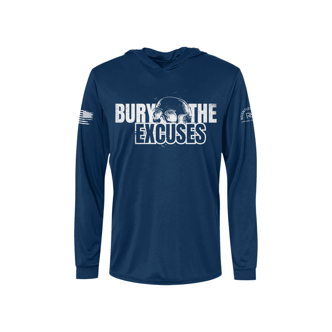Navy blue long-sleeve hoodie with 'Bury the Excuses' text and skull graphic on a white background