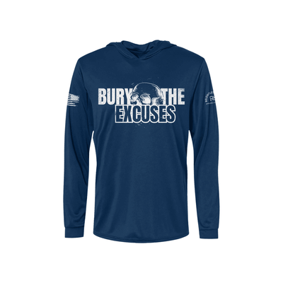 Navy blue long-sleeve hoodie with 'Bury the Excuses' text and skull graphic on a white background
