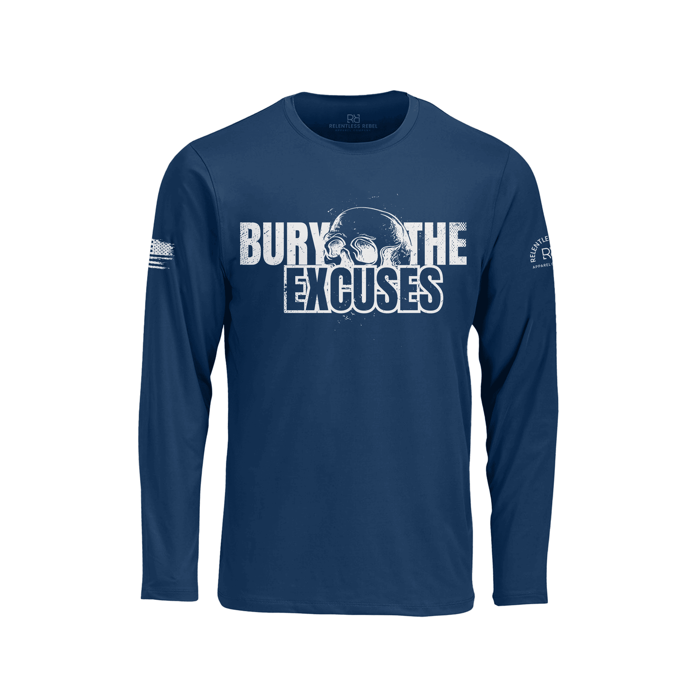 Navy long-sleeve shirt with 'Bury the Excuses' text on a white background