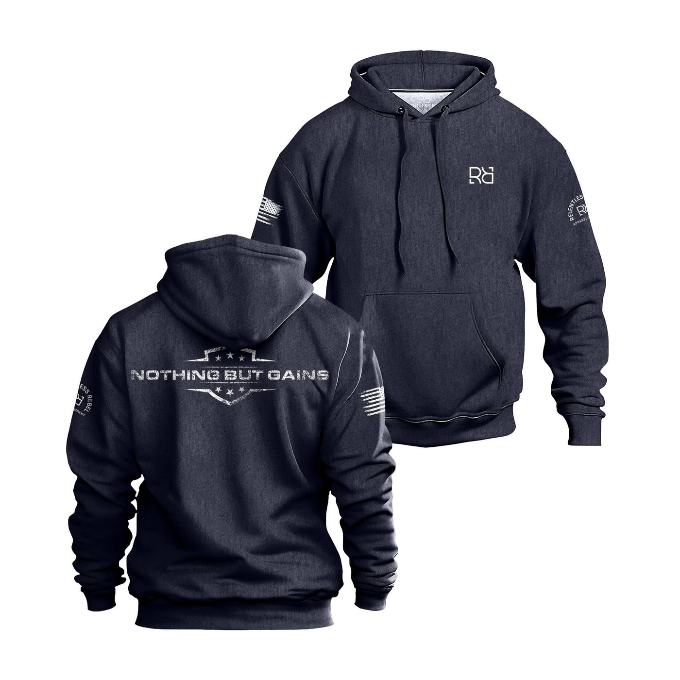 Navy hoodie with 'Nothing But Gains' text on front and back, displayed from front and back views.