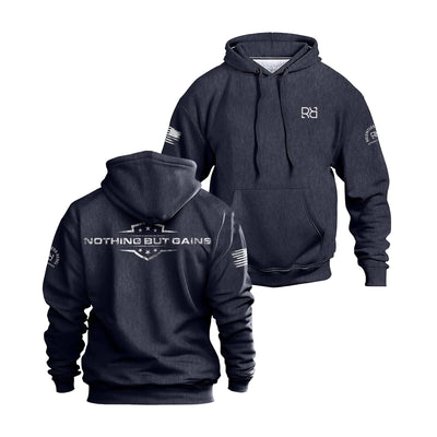 Navy hoodie with 'Nothing But Gains' text on front and back, displayed from front and back views.