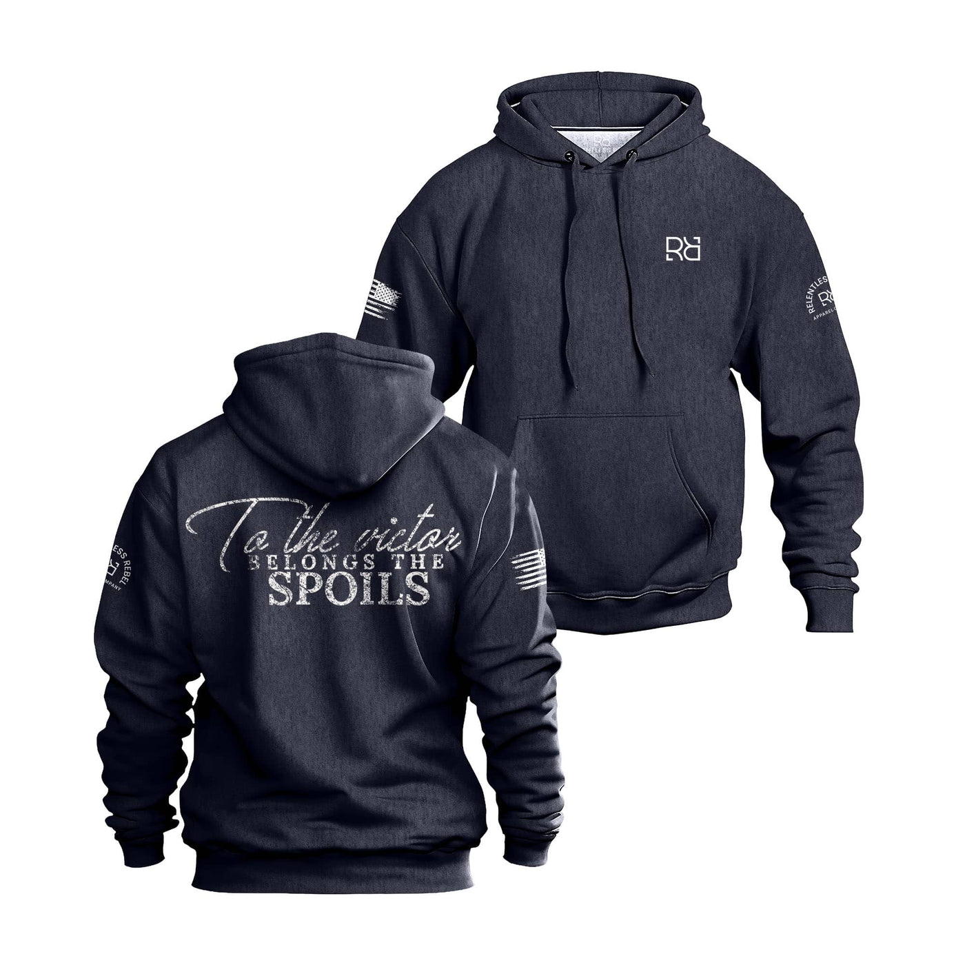 Navy hoodie with text and logos on a white background