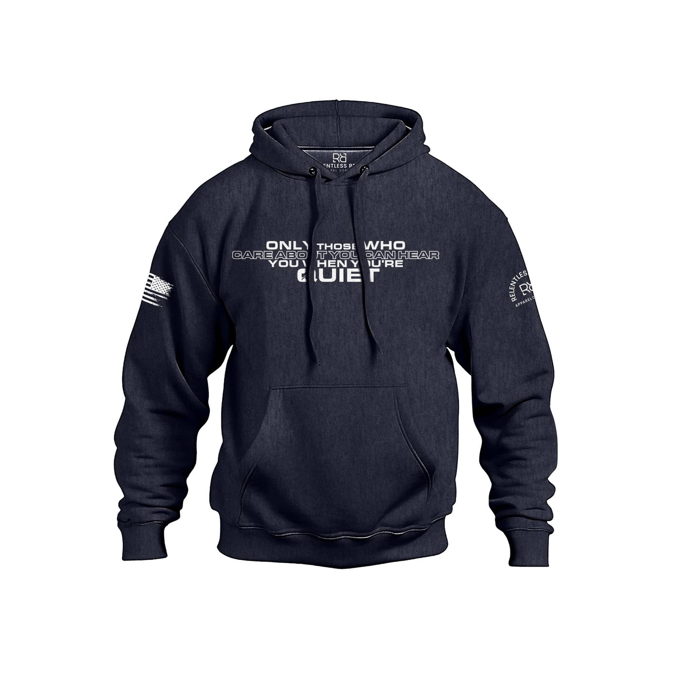 Navy hoodie with text and branding on a white background