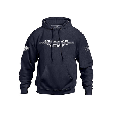 Navy hoodie with text and branding on a white background