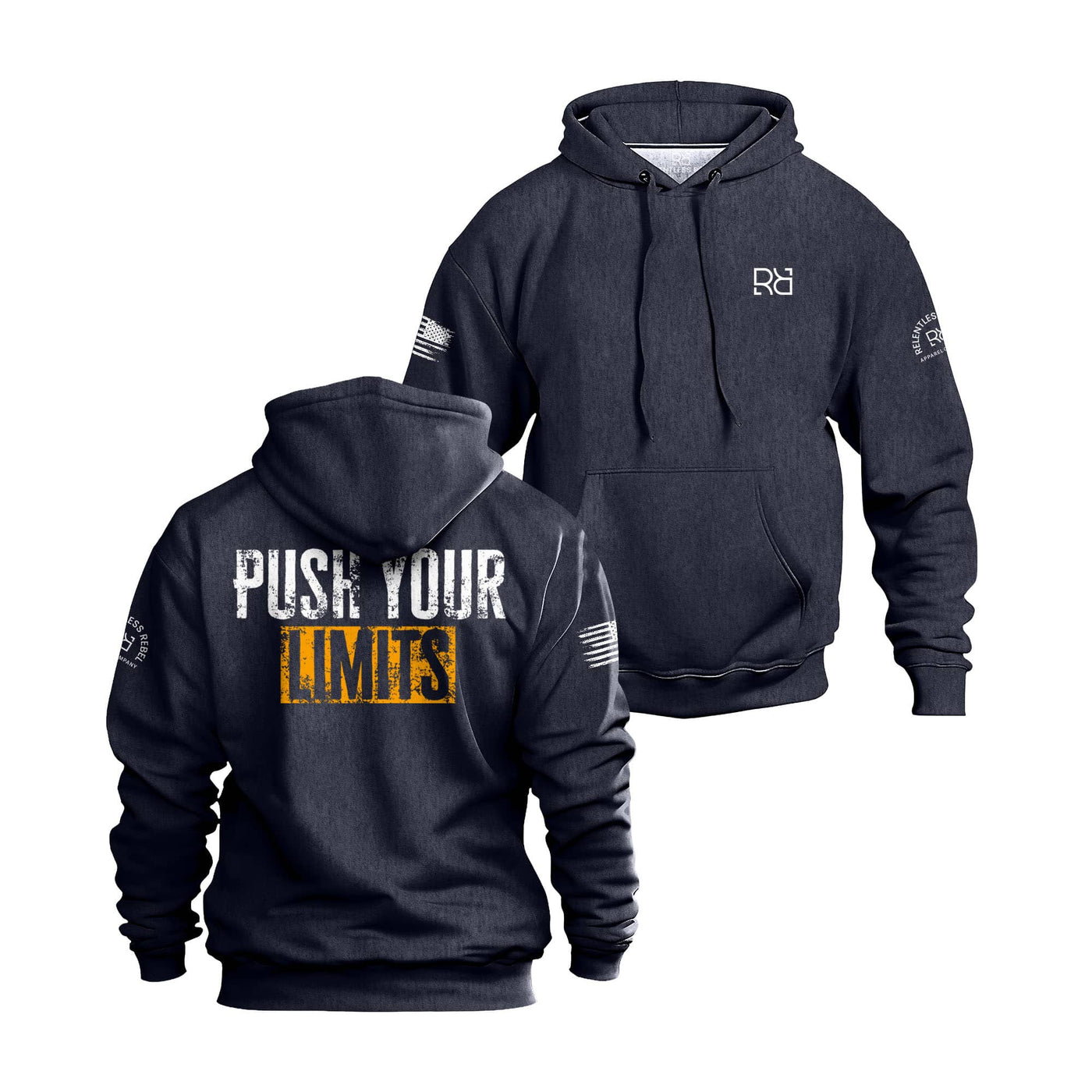 Navy hoodie with 'Push Your Limits' text on the back, displayed from front and back views.