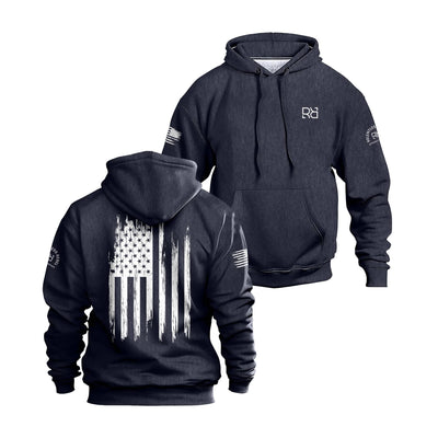 Navy hoodie with American flag design on the back, displayed from front and back views.