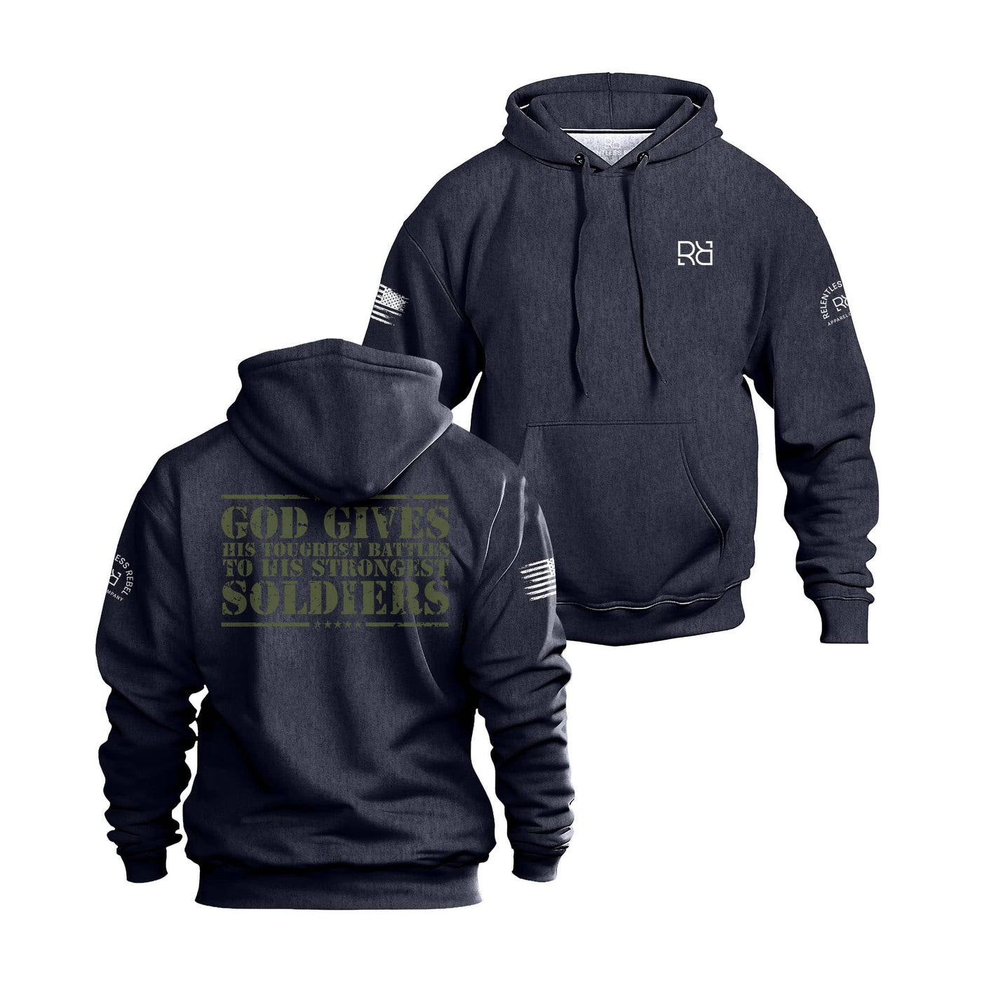 Navy hoodie with text and logos on a white background