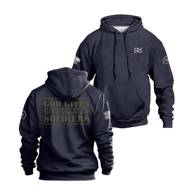 Navy hoodie with text and logos on a white background