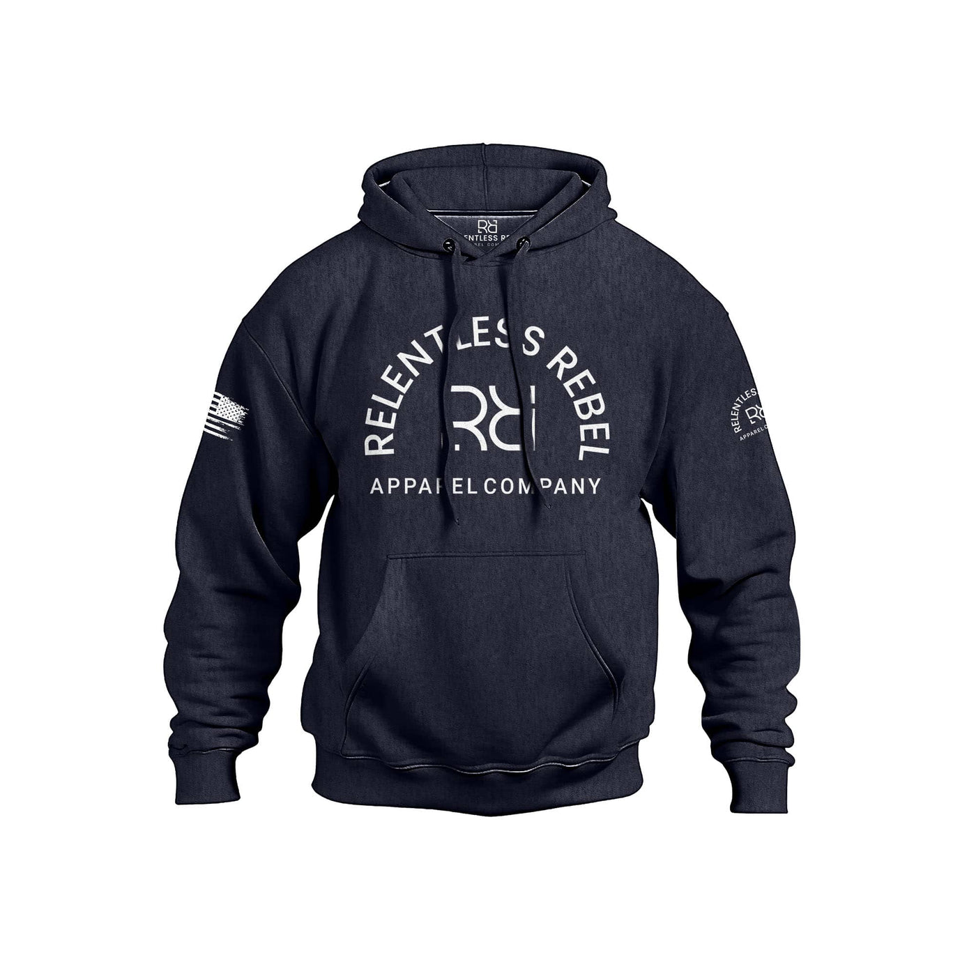 Navy hoodie with 'Relentless Rebel Apparel Company' logo on a white background