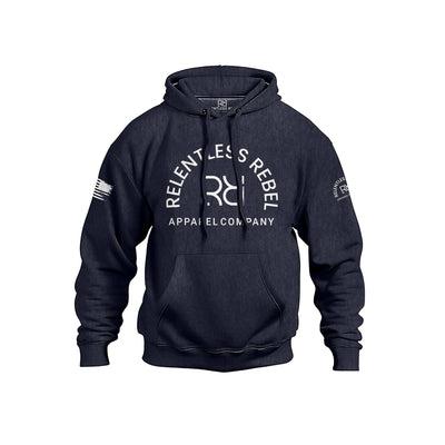 Navy hoodie with 'Relentless Rebel Apparel Company' logo on a white background