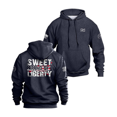 Navy hoodie with 'Sweet Land of Liberty' text on the back, displayed from front and back views.