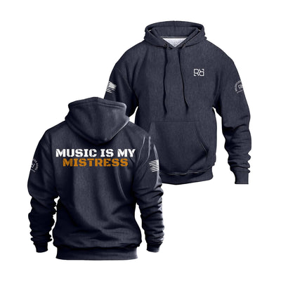 Navy hoodie with 'Music is my Mistress' text on the back, displayed from front and back views.