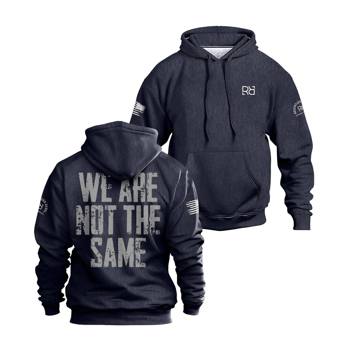 Navy hoodie with text and logos on a white background