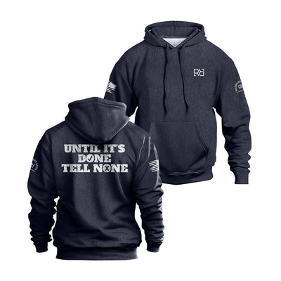 Navy hoodie with text and logos on a white background