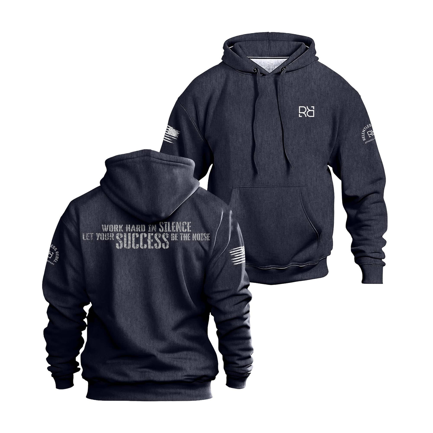 Navy hoodie with text and logos on a white background
